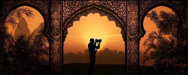 Silhouetted wedding filmmaker capturing sunset across ornate heritage frames